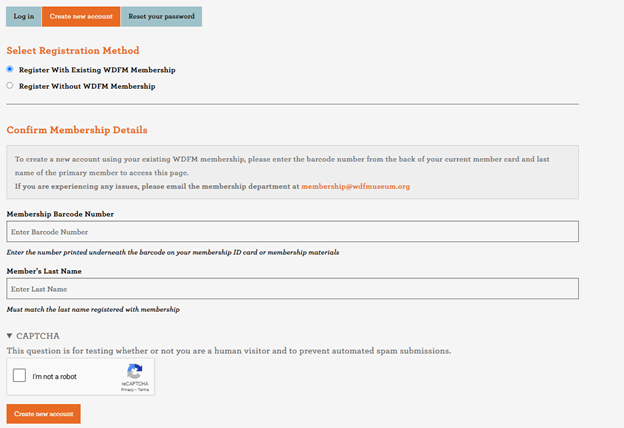 Create New Account page